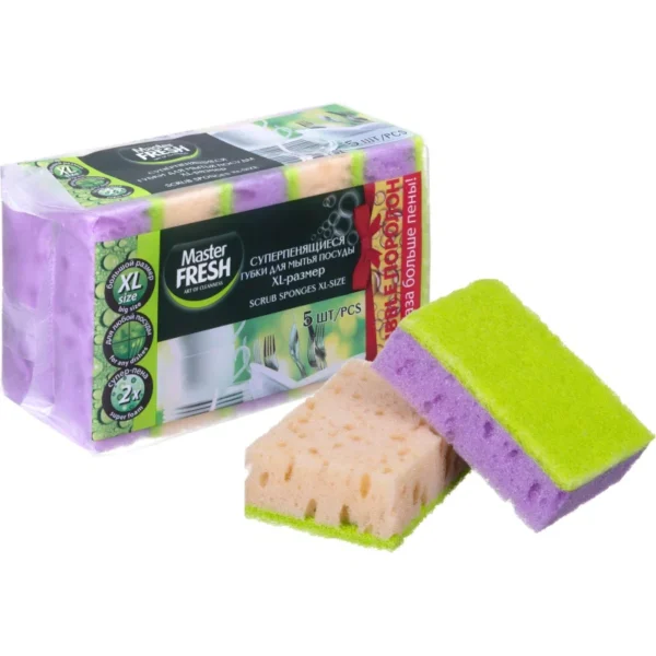 Губки для мытья посуды и уборки Master Fresh Губки для мытья посуды XL 100х70х33мм 5шт/уп