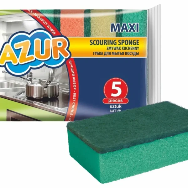 Губка Azur Maxi для мытья посуды, 5 шт, пенополиуретан, абразив, абразивная
